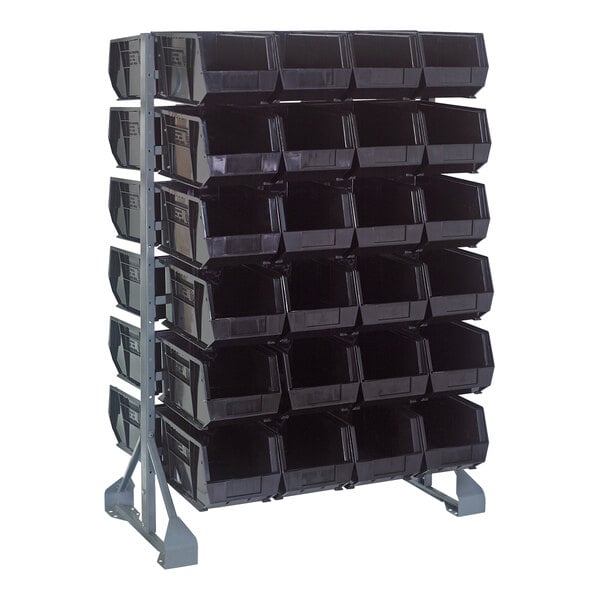 A Quantum gray steel rack with black bins on it.