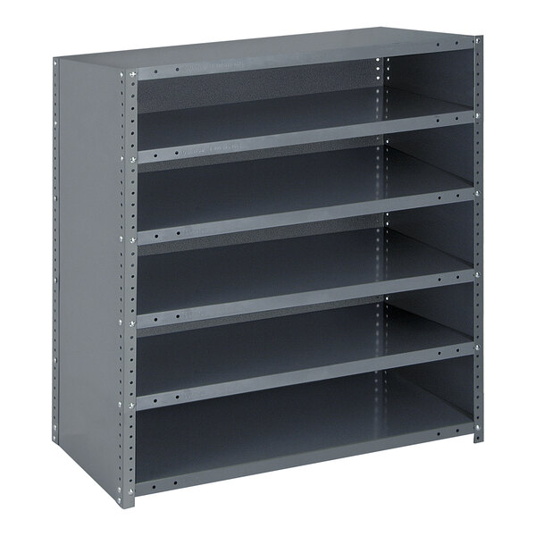 A Quantum grey steel shelving unit with six shelves.