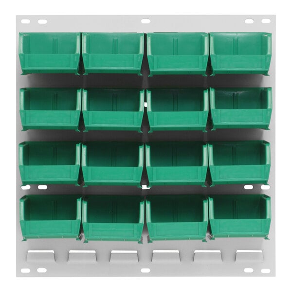 A Quantum white steel louvered panel with 16 green plastic bins.