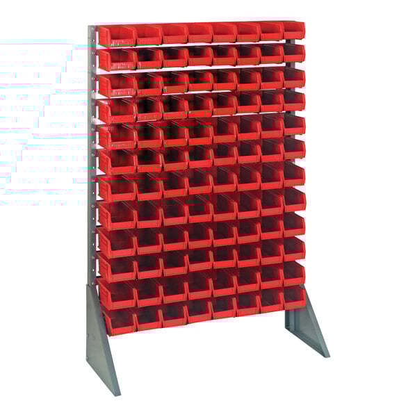A Quantum gray steel rack with red bins on rails.
