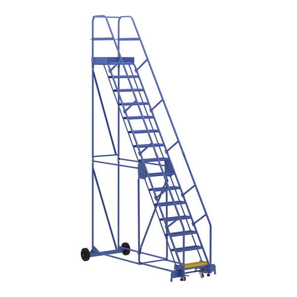 A blue Vestil steel warehouse ladder with wheels.