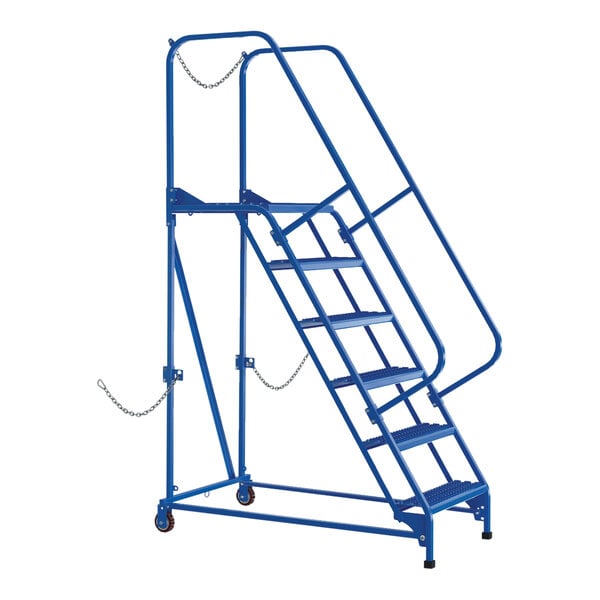 A blue steel ladder with grip strut steps.