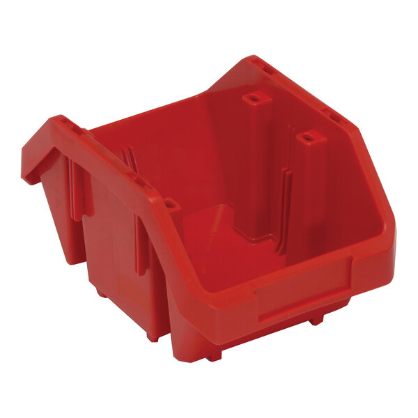 A red Quantum polypropylene storage bin with two compartments.