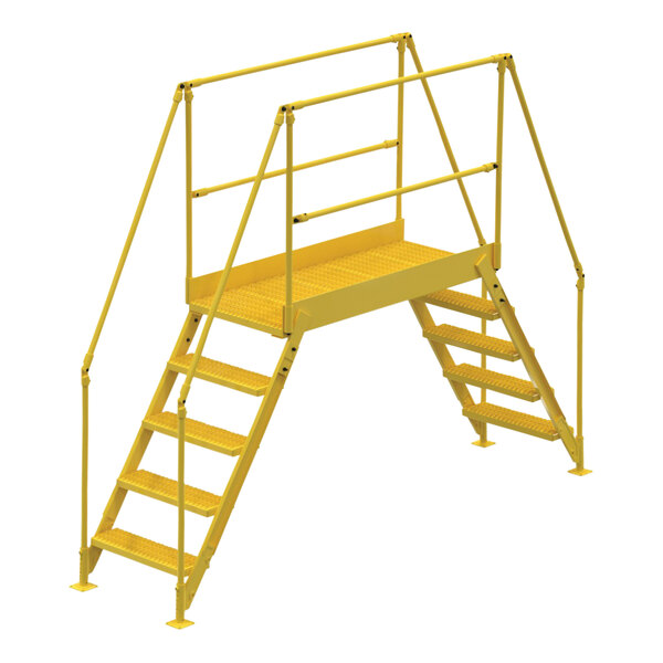A yellow steel ladder with metal bars.