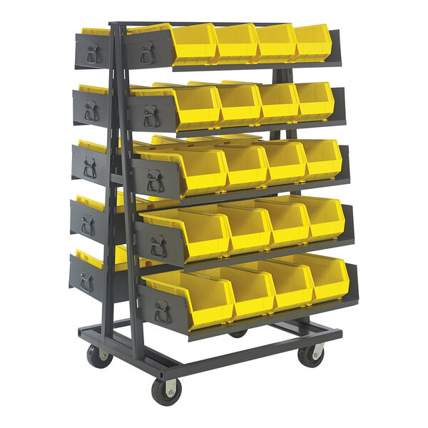 A black and yellow steel mobile rack with yellow bins on it.