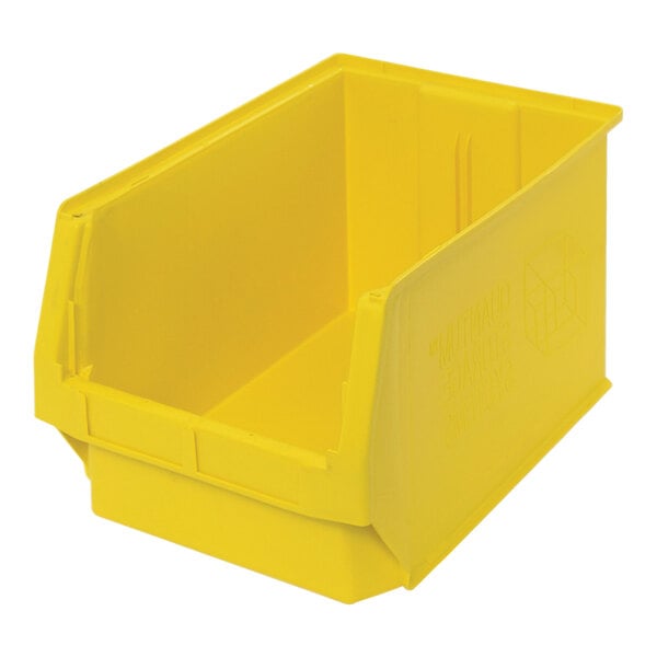 A close-up of a yellow Quantum storage tote bin with a lid.