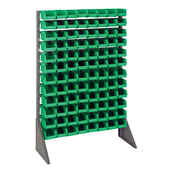 A gray steel Quantum rack with green bins on shelves.
