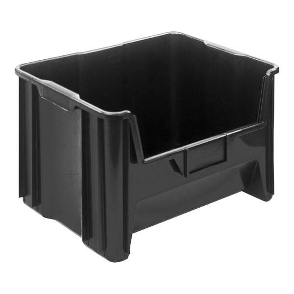 A Quantum black plastic storage container with a lid.