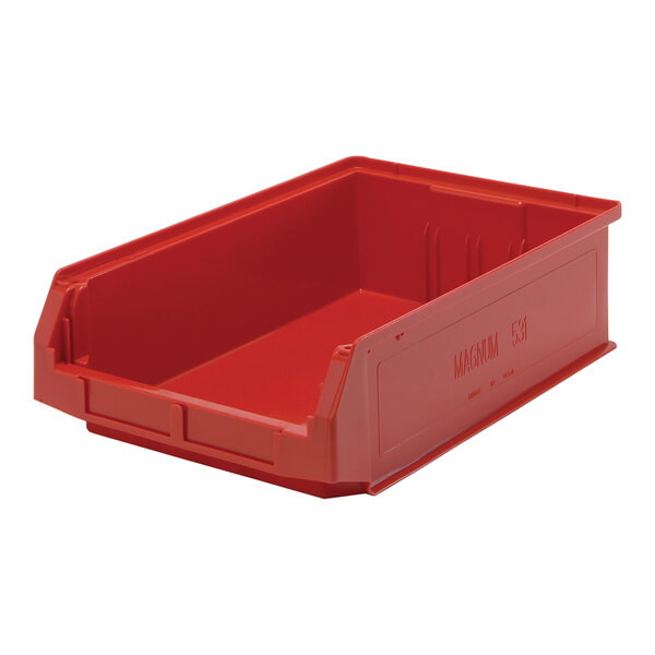 A red Quantum storage tote bin.