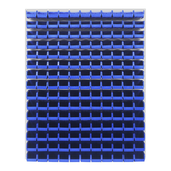 A Quantum white steel louvered panel with blue plastic bins.