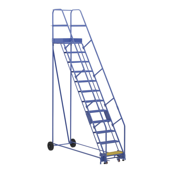 A blue Vestil rolling warehouse ladder.