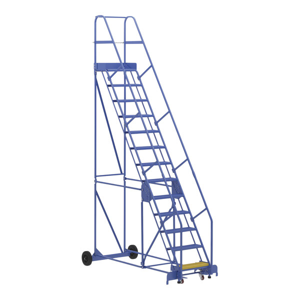 A blue Vestil steel ladder on wheels.