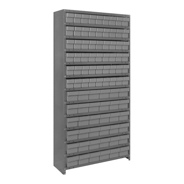 A grey metal Quantum Super Tuff steel shelving system with grey drawers.