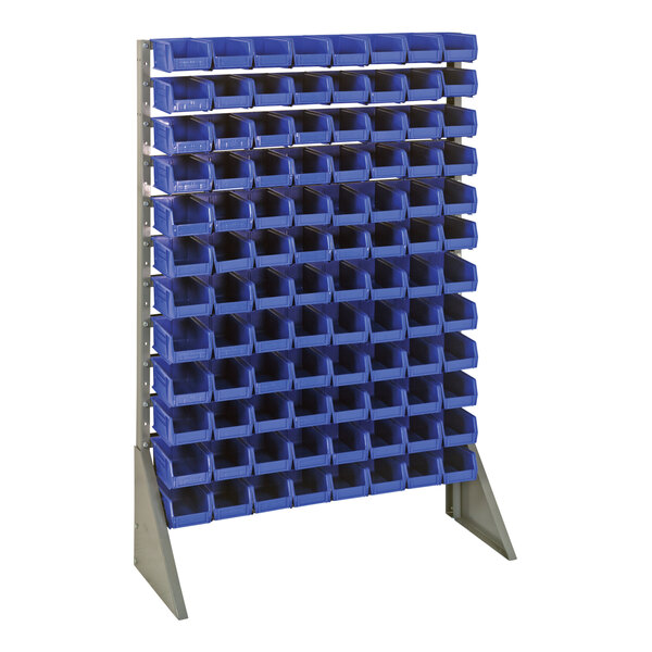 A Quantum gray steel rack with blue bins on metal rails.