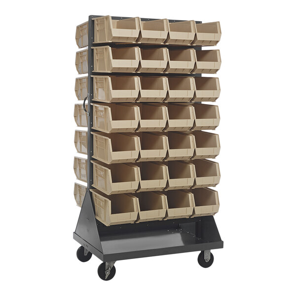A Quantum mobile louvered rack with ivory bins on each side.