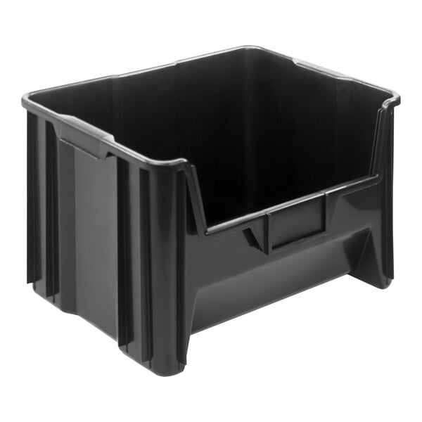 A black plastic Quantum Giant Stacking Container with a lid.