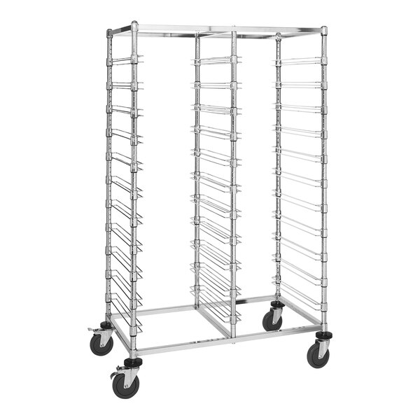 A Quantum metal double bay bin cart with wheels.