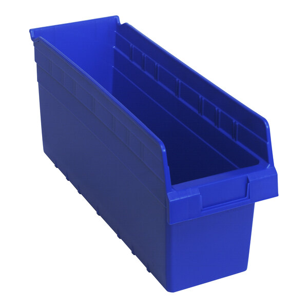 A blue Quantum shelf bin with a lid.
