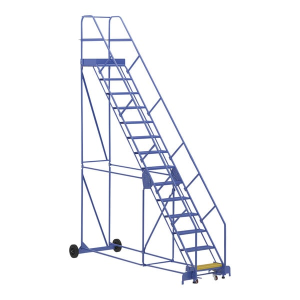 A blue metal Vestil warehouse ladder with wheels.