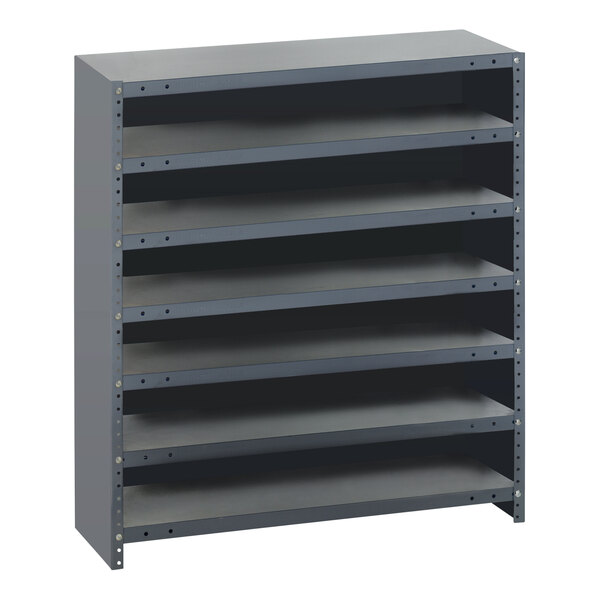 A gray steel Quantum Super Tuff Euro drawer shelving unit with seven shelves.