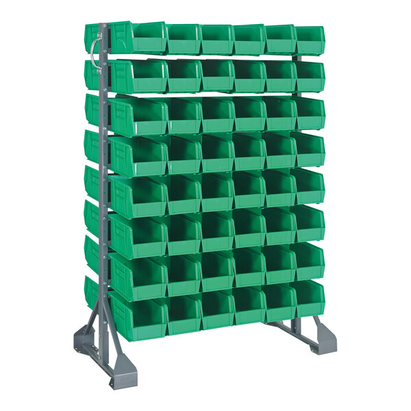 A Quantum steel rack with green plastic bins on rails.