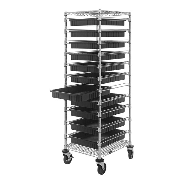 A black metal Quantum mobile bin cart with wire shelves holding black conductive bins.