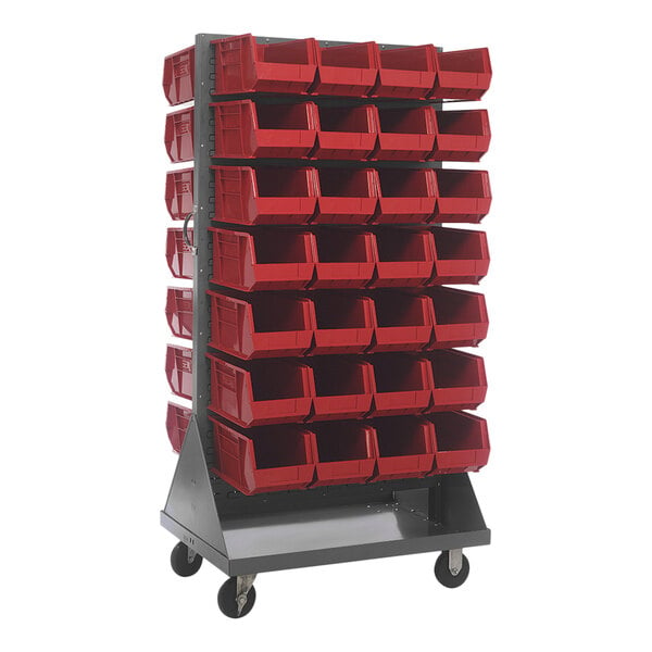 A Quantum mobile double-sided louvered rack with red bins on wheels.