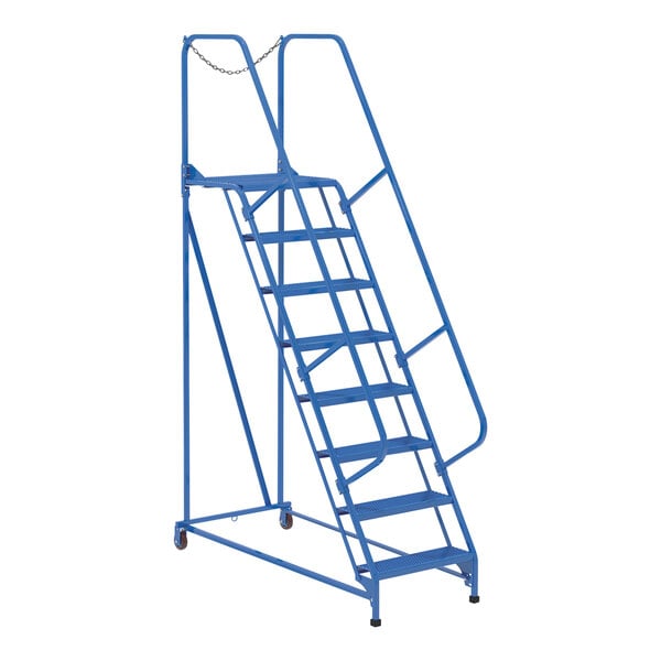 A blue Vestil steel maintenance ladder on wheels.
