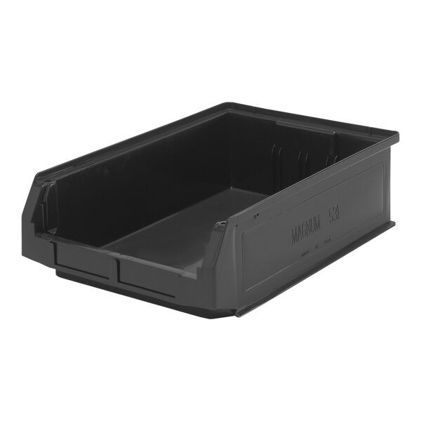 A Quantum black plastic storage tote bin with a lid.