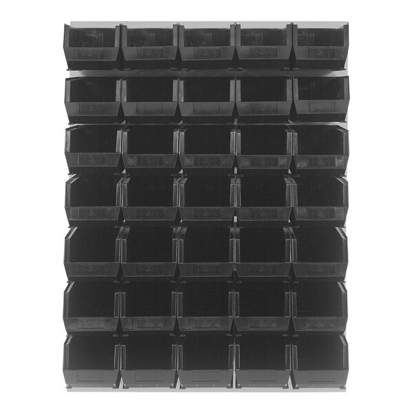 A Quantum Oyster White Louvered Panel with 35 black plastic storage bins.