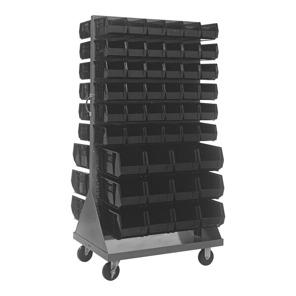 A gray Quantum double-sided steel rack with black bins on it.