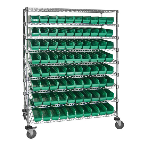 A Quantum carbon steel mobile medical cart with 9 wire shelves holding green storage bins.