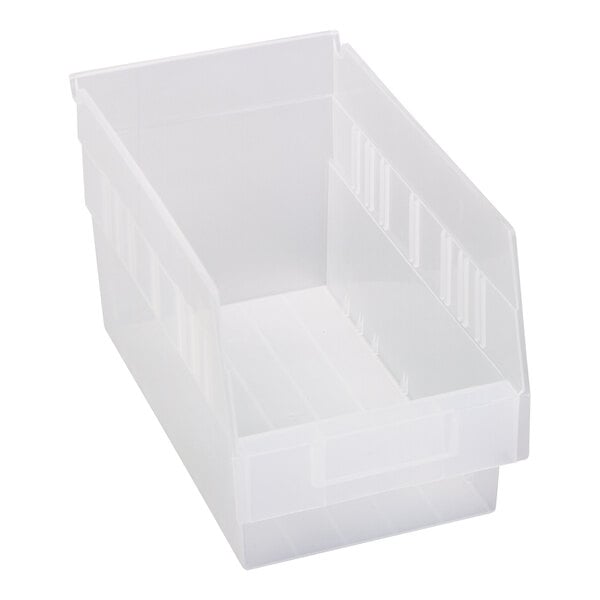 A clear plastic Quantum shelf bin with a lid.