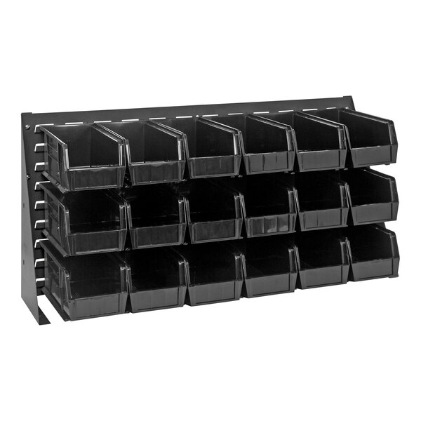 A gray steel bench rack with black plastic bins on shelves.