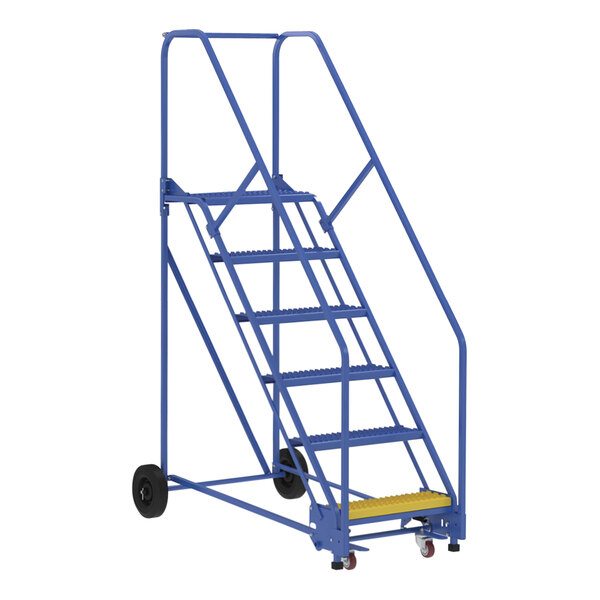 A blue steel Vestil rolling warehouse ladder with black wheels.