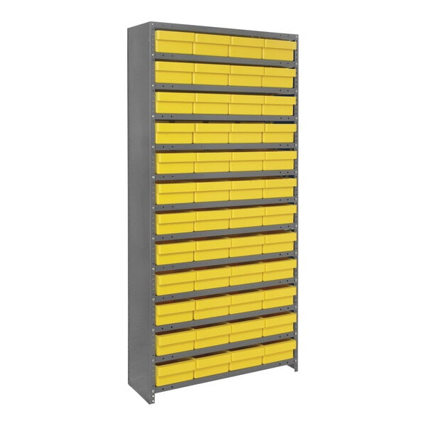 A grey metal Quantum steel shelf with yellow bins on each shelf.