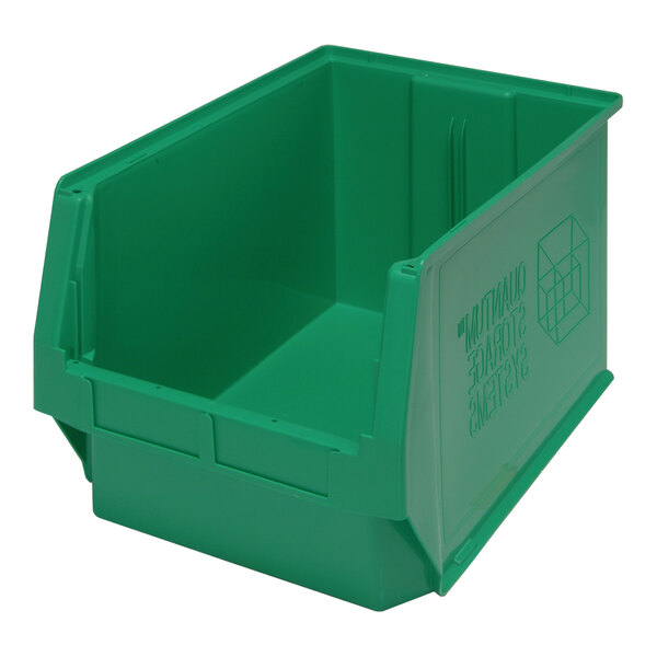 A green Quantum storage tote bin with a lid.