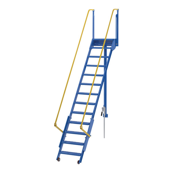 A blue steel Vestil mezzanine ladder with yellow handrails.