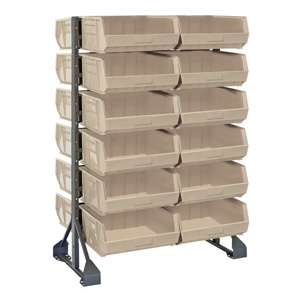 A Quantum double-sided steel rack with ivory plastic bins on it.