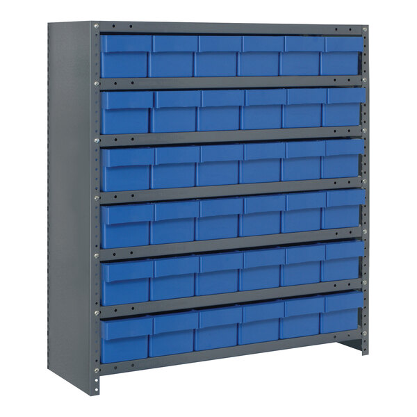 A Quantum steel shelving system with blue bins on a shelf.