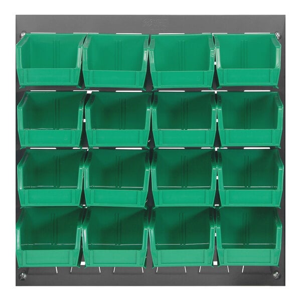 A Quantum gray steel louvered panel with green plastic bins.