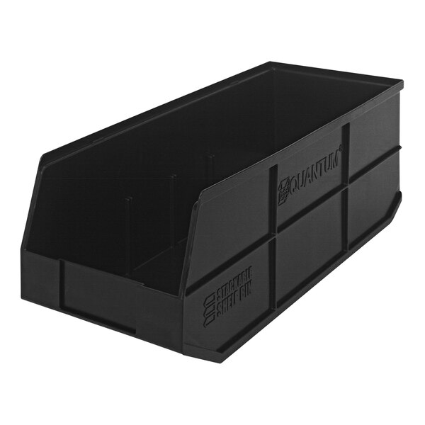 A Quantum black plastic stackable shelf bin with holes.