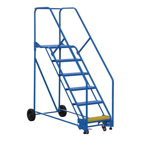 A blue steel rolling warehouse ladder with yellow handrails.