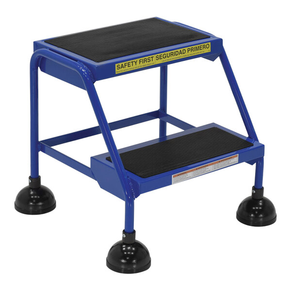 A blue Vestil commercial rolling step ladder with black rubber steps and wheels.