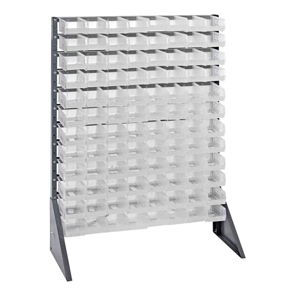 A Quantum gray steel rail rack with clear plastic bins on it.