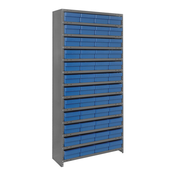 A Quantum steel shelving system with blue bins on the shelves.