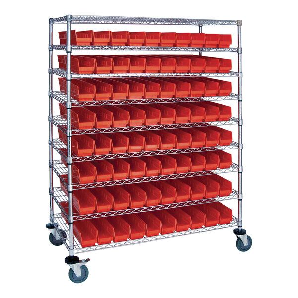 A Quantum carbon steel metal rack with 9 shelves and 80 red bins on wheels.