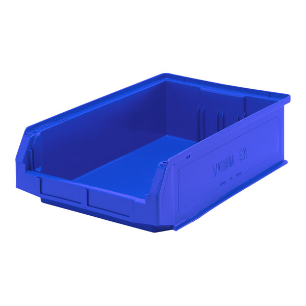 A blue Quantum storage tote bin with a lid.