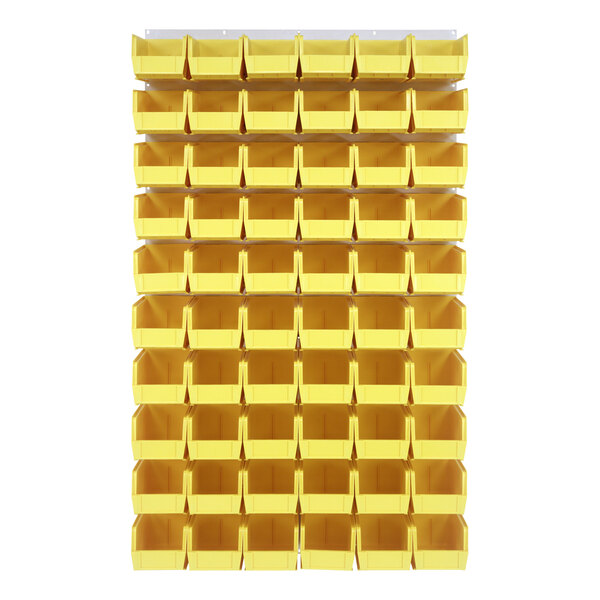 A white Quantum louvered panel with yellow bins on it.