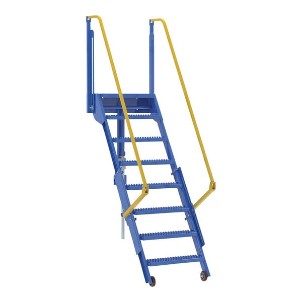 A blue steel Vestil 8-step folding mezzanine ladder with yellow handles.